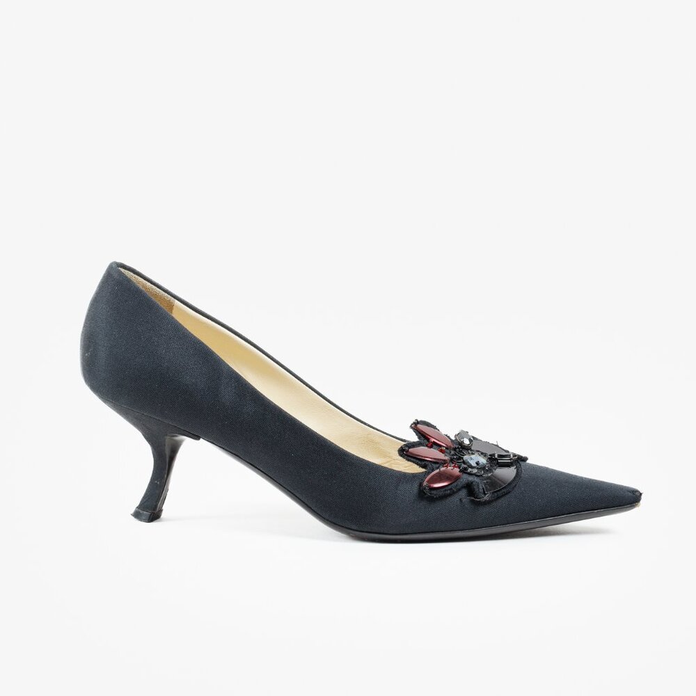 Prada Black Embellished Comma Kitten Heel Pump